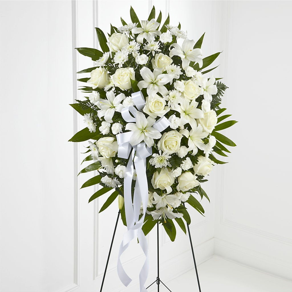 Exquisite Tribute Standing Spray-White Ribbon – Flora Bloom, Menifee CA