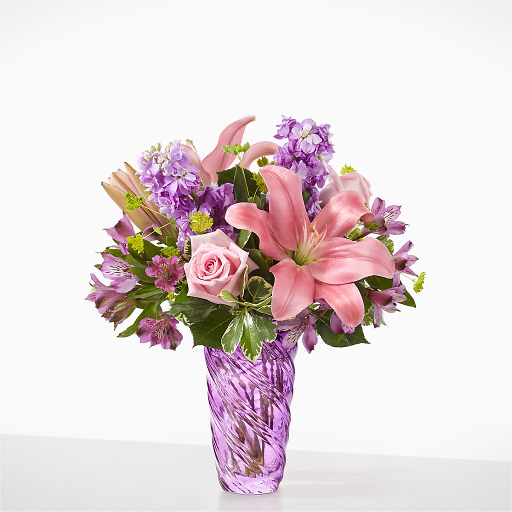 Precious Petals Bouquet with Luxe Swirl Vase – Flora Bloom, Menifee CA