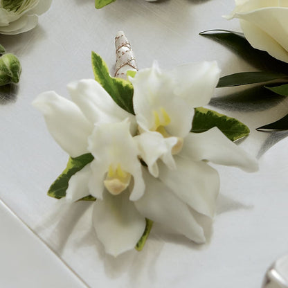 White Mini Cymbidium Boutonniere –  Flora Bloom, Menifee CA